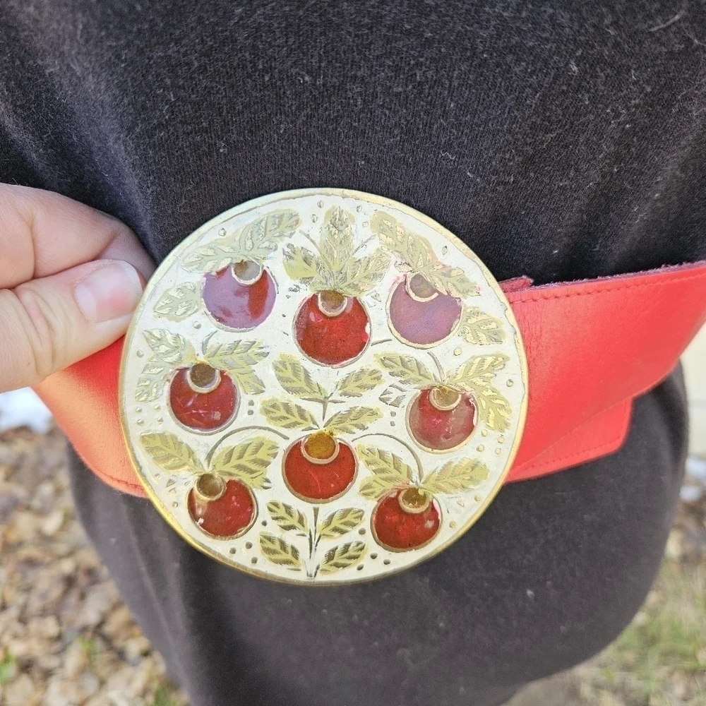 vintage Golden Hands wide red belt with round enamel brass buckle